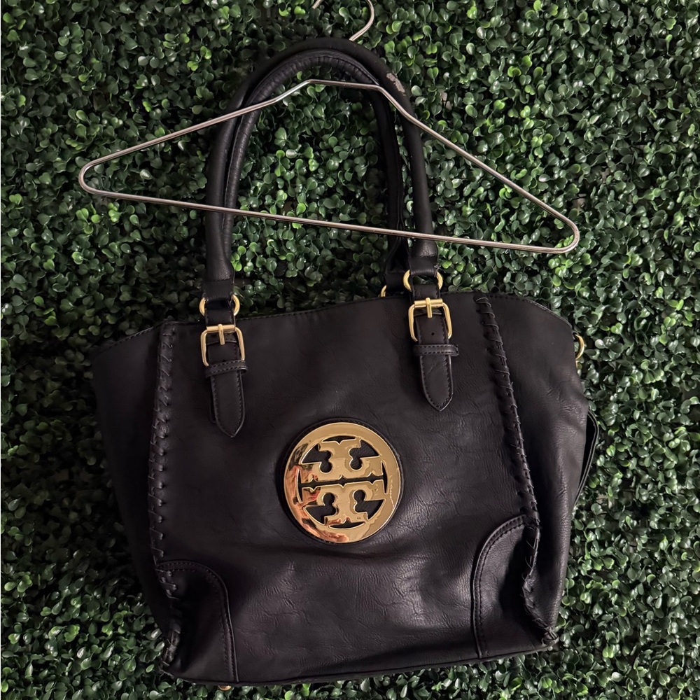 Tory Burch Black Leather Tote with Gold Logo